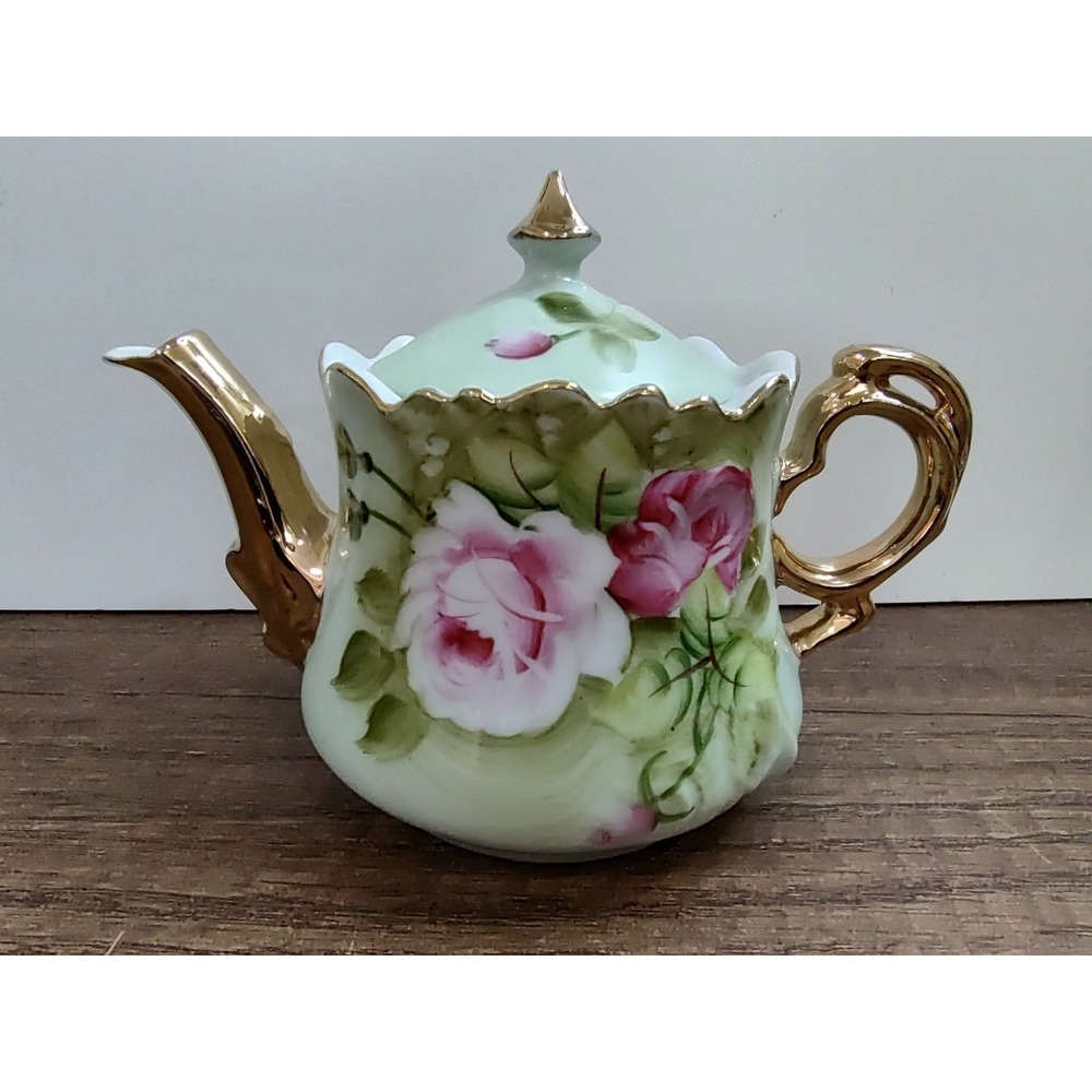 Lefton Heritage Green Single Serve Teapot Hand Painted Japan Gold Trim Vintage